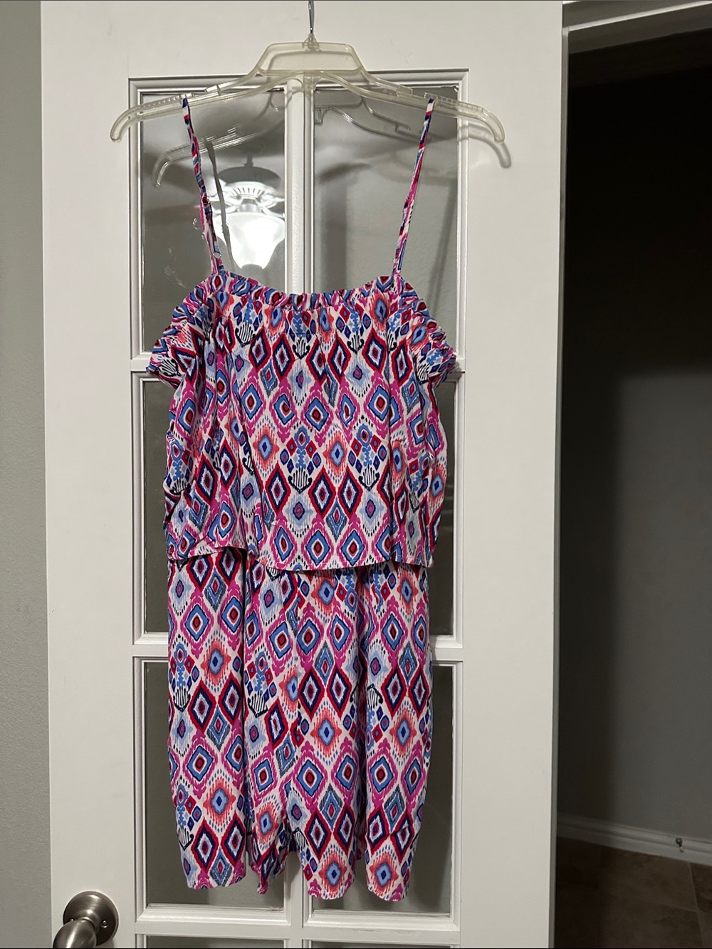 Savanna Jane Pink Blue Red Ikat Print Romper